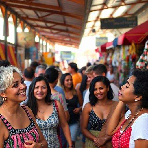 A diverse group of people laughing and interacting at a local market in Cape Town, representing community and connection.
