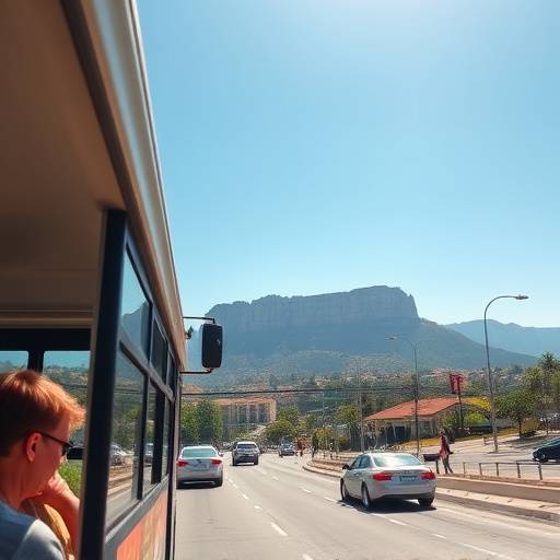 Panoramic view of Table Mountain from 'Table Mountain Tours' bus